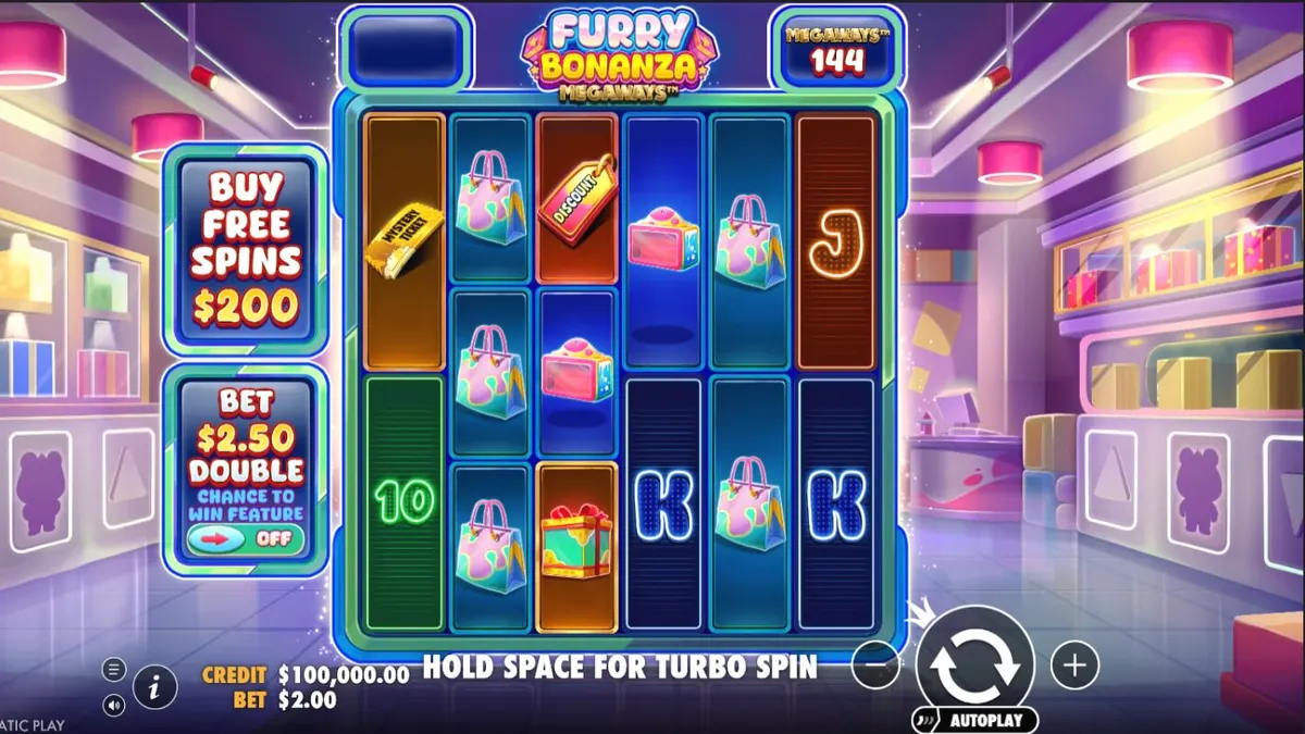 Tampilan visual slot Furry Bonanza Megaways dengan karakter beruang lucu dan latar hutan mistis