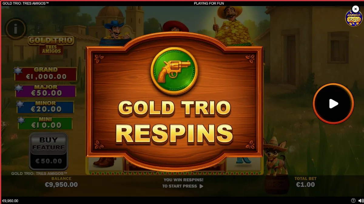 Tampilan visual slot Gold Trio: Tres Amigos dengan tema fiesta Meksiko yang penuh warna